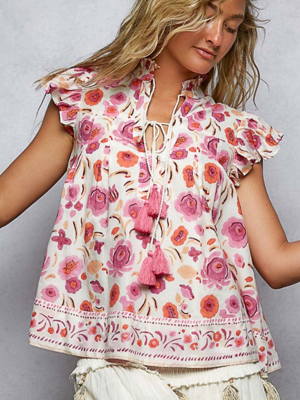 POL Pink Floral Tassel Ruffle Sleeve Top